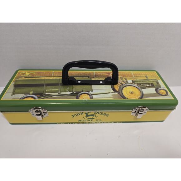 John Deere Woman Driving Tractor Tin Metal Hinged Tool Box 12x4 - Picture 2 of 7